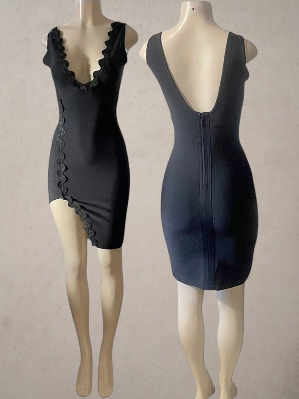 Premium Black Scallop Edge Asymmetrical Statement Bandage Bodycon Dress - Picture 8 of 9